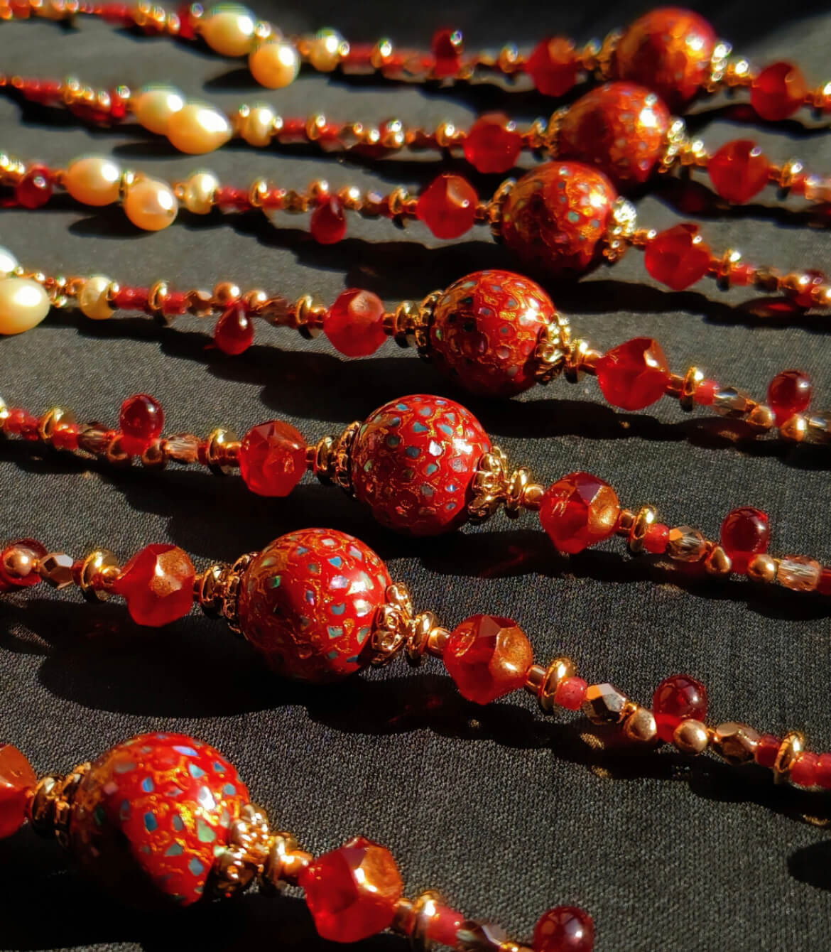 Chinese Lacquer Nacre-Inlaid Pendant Necklace | Red & Gold 20mm Art Bead | Garnet Czech Beads | 38+6CM Adjustable Length