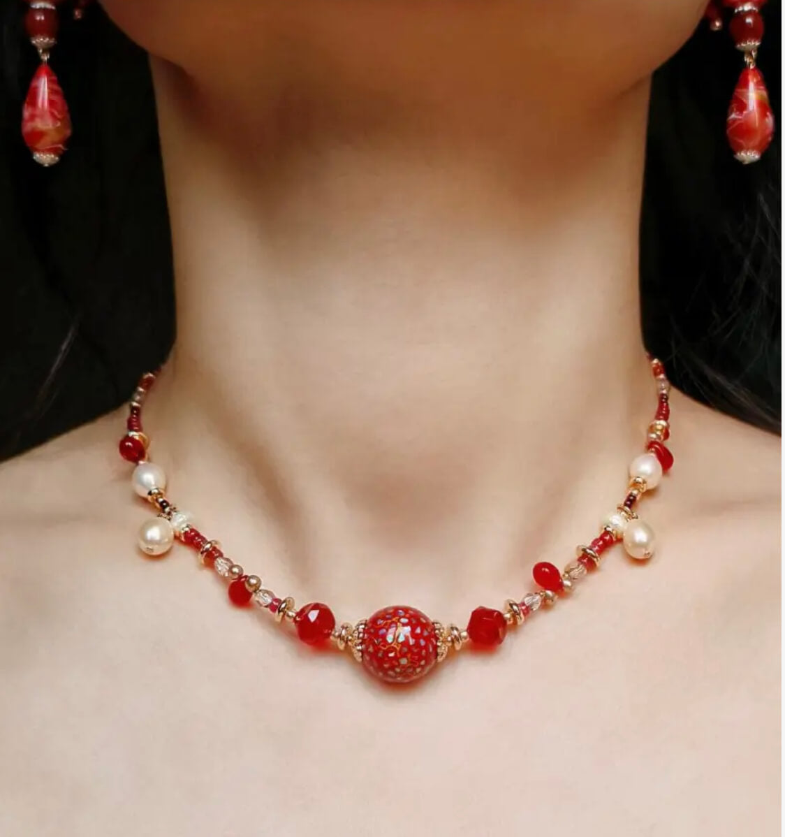 Chinese Lacquer Nacre-Inlaid Pendant Necklace | Red & Gold 20mm Art Bead | Garnet Czech Beads | 38+6CM Adjustable Length