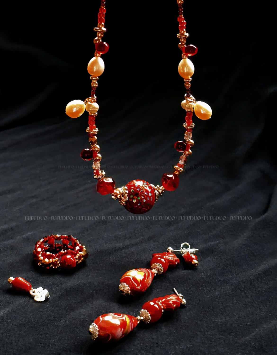 Chinese Lacquer Nacre-Inlaid Pendant Necklace | Red & Gold 20mm Art Bead | Garnet Czech Beads | 38+6CM Adjustable Length