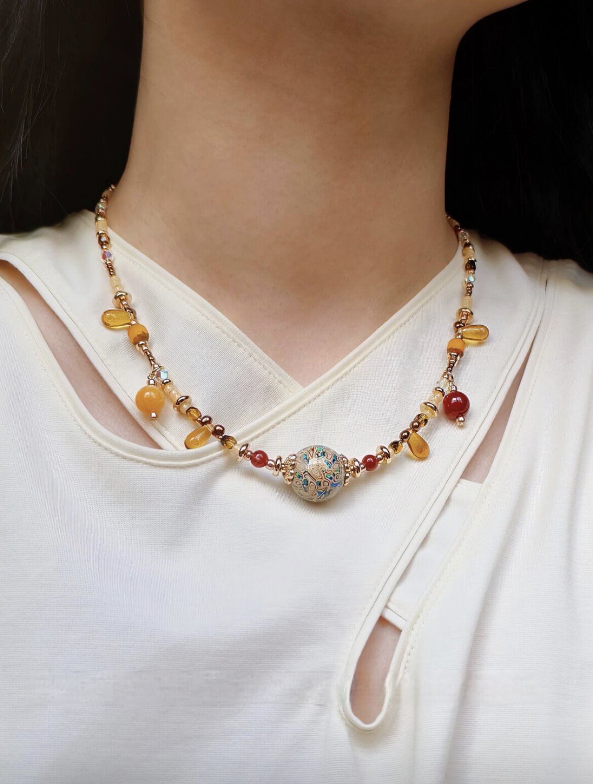 Handcrafted Chinese Lacquer Pendant Necklace with Agate and 18K Gold-Plated Brass | 20mm Lacquer Bead | 38+6CM Adjustable Length