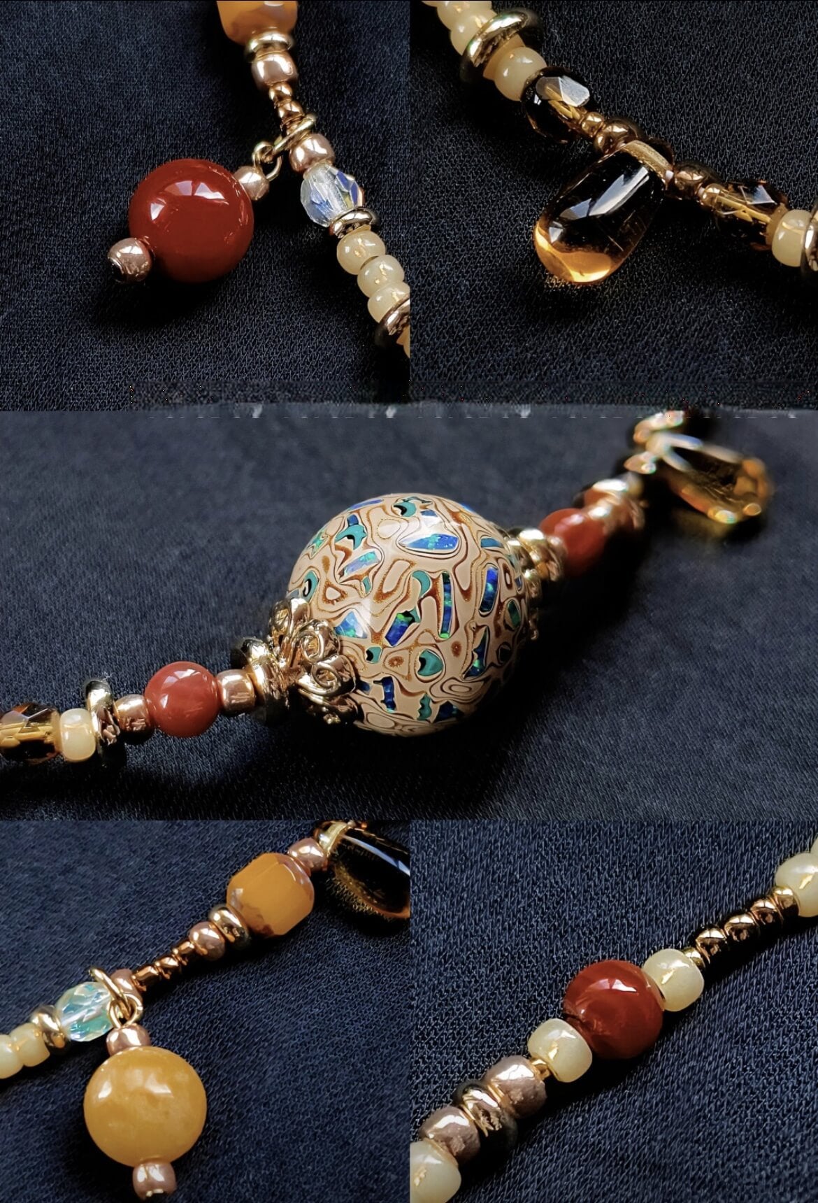 Handcrafted Chinese Lacquer Pendant Necklace with Agate and 18K Gold-Plated Brass | 20mm Lacquer Bead | 38+6CM Adjustable Length